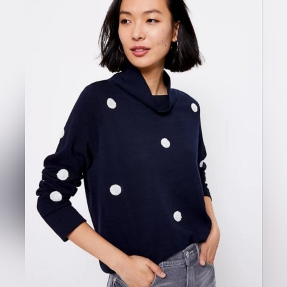Loft Mock Neck Pullover Polka Dot Texture Top Navy Blue White Small 100% Cotton - Picture 1 of 5